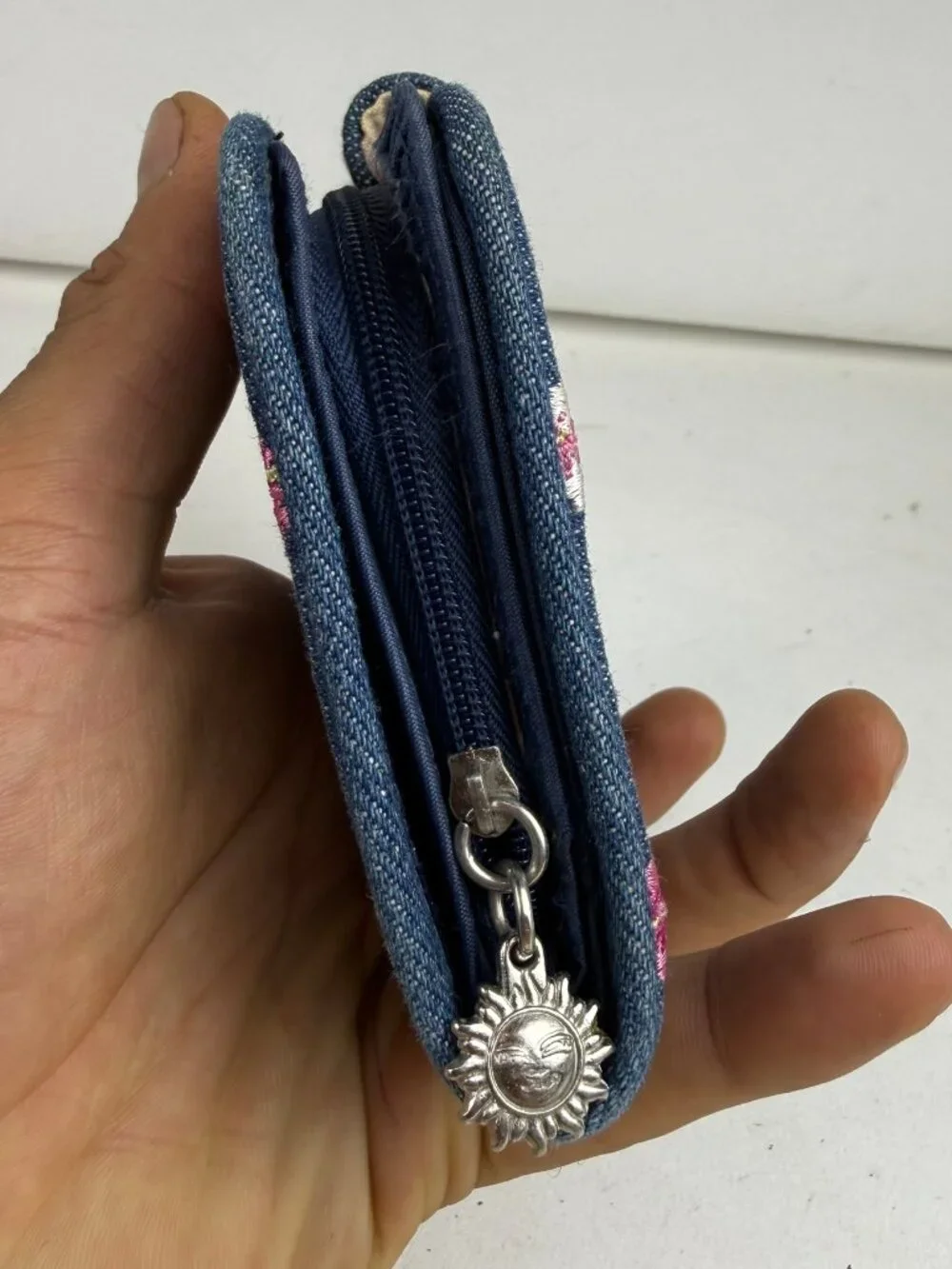 Sunny Hawaii Blue Denim Floral Embroidered Snap Zip Bifold Wallet Sun Charm